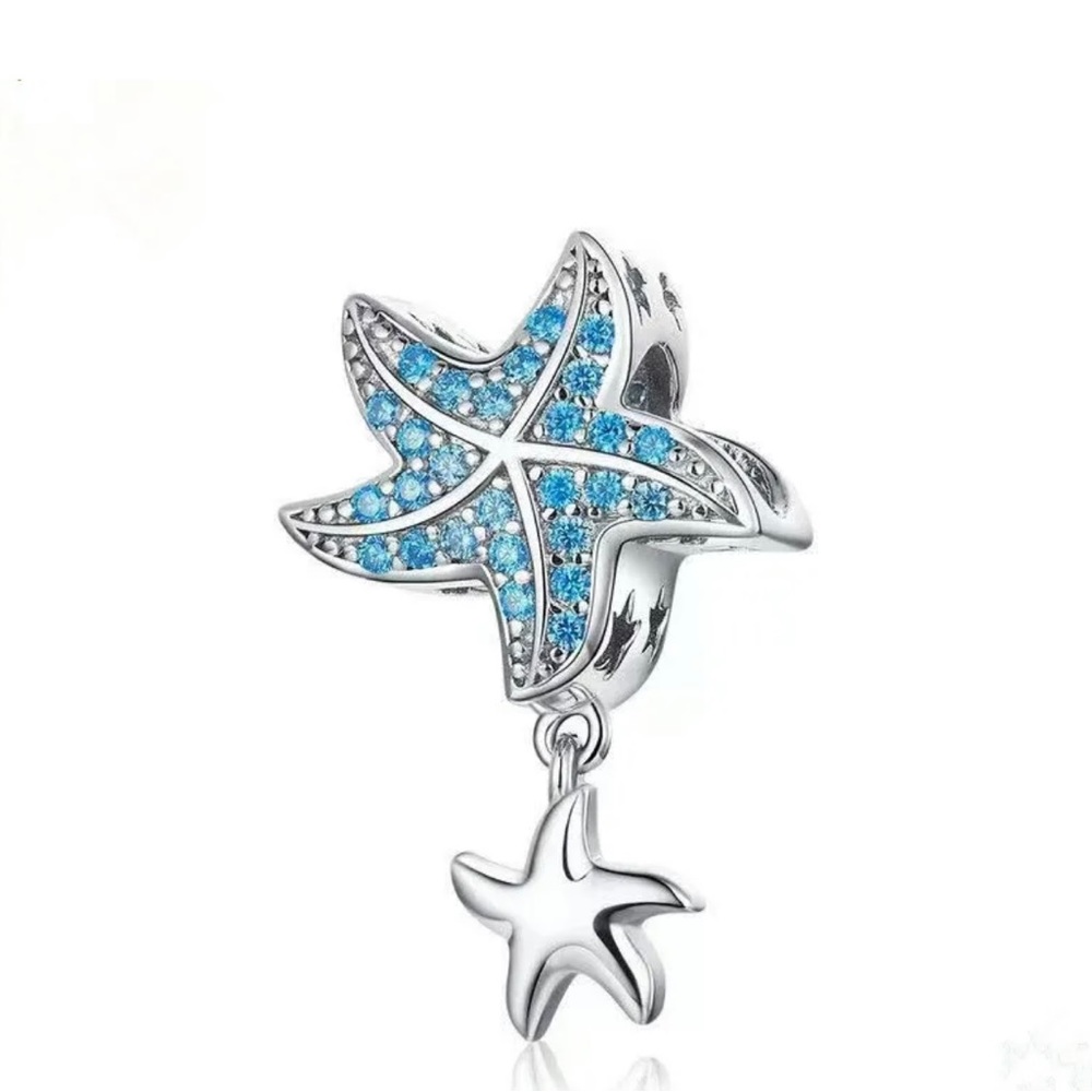 NEW•Silver & Aqua Blue CZ Starfish DIY charm w/dangle
